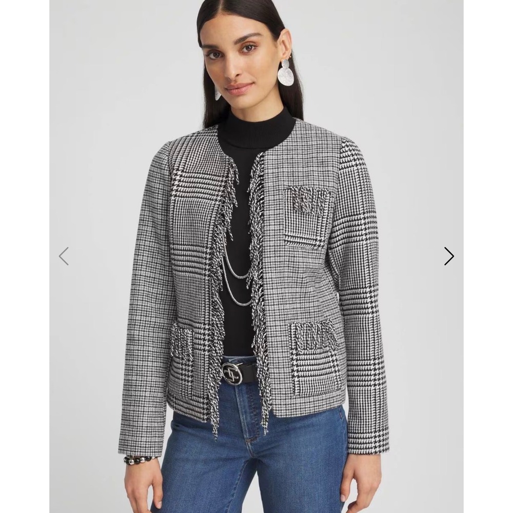 Chicos Womens Mixed Tweed Fringe Trim Wool Blend Jacket Black White Size 1.5 M